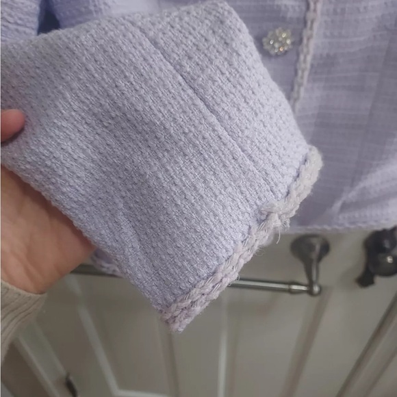 Elegant fitted Aqua Tweed Jacket jewel buttons. Lilac, lavender - Picture 3 of 5